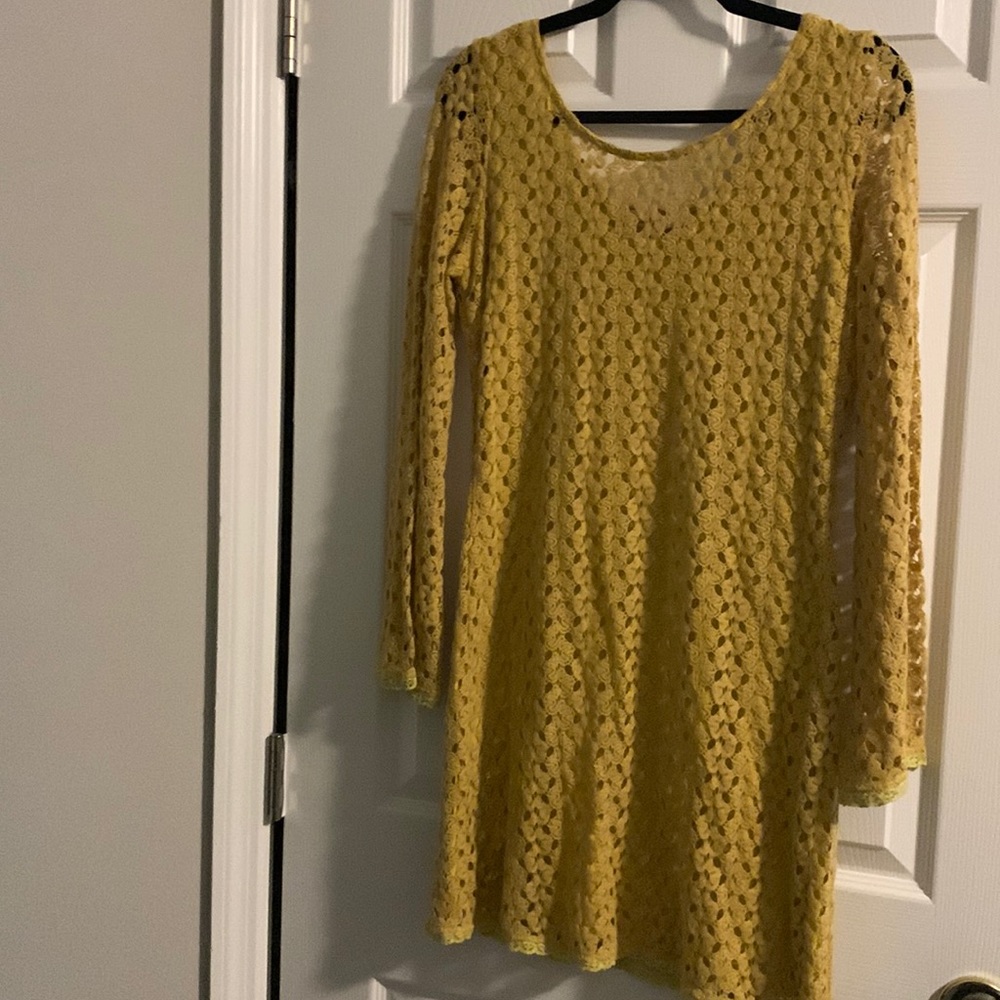 Cute Yellow Lace Dress with Long Flare Sleeve